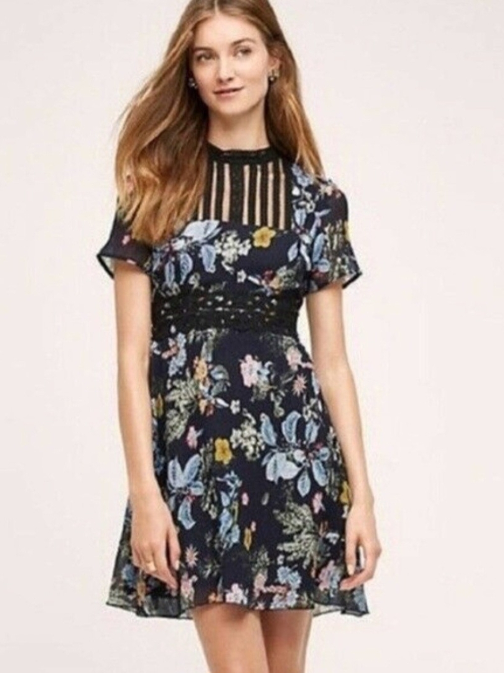 Foxiedox From Anthropologie Navy Floral Juniper Lace-Inset Mini Dress Size Xs